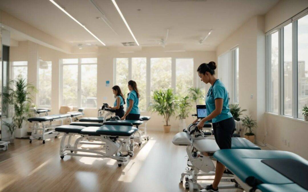 a bustling physical therapy clinic illuminated by soft natural light, showcasing therapists efficiently using electronic medical records on sleek tablets while engaging with patients in a vibrant, orderly environment.