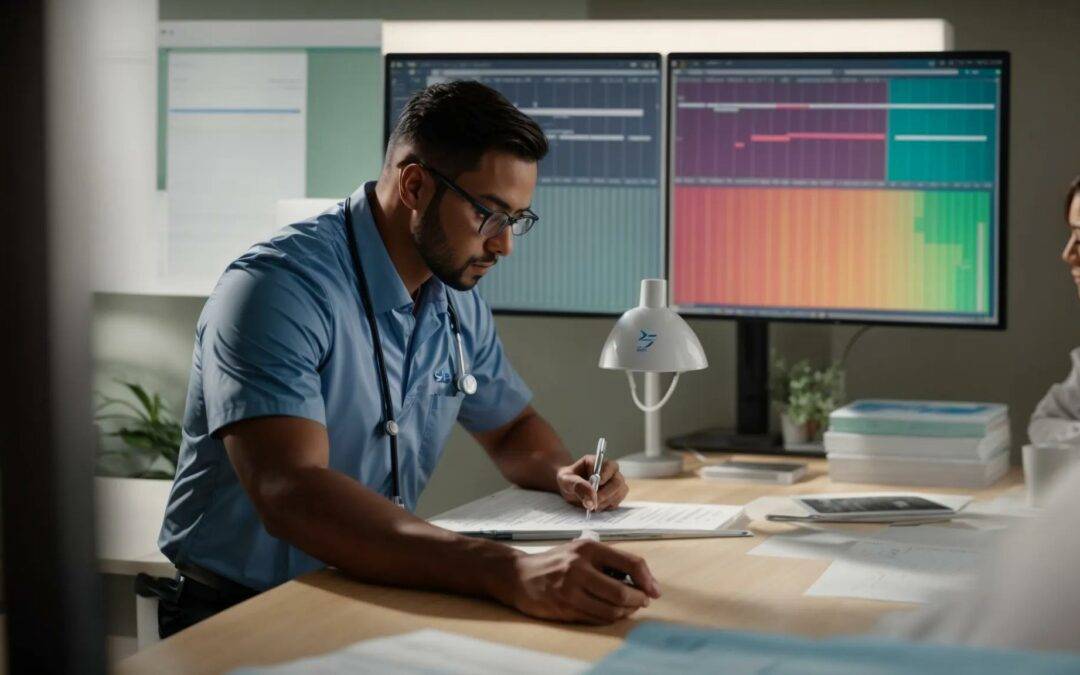 a dynamic and informative scene depicts a physical therapist diligently analyzing patient billing processes, surrounded by bright, engaging charts and documents that illustrate the impact of the kx modifier on healthcare efficiency, captured with soft natural lighting for clarity.