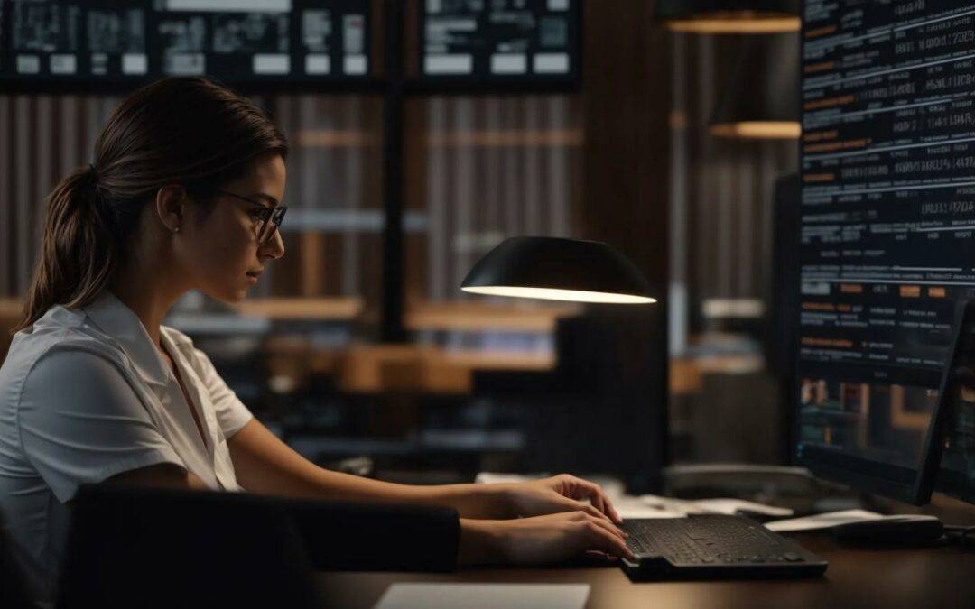 a focused therapist studies a graphic display of complex icd-10 codes against a backdrop of sleek billing software, illuminated by soft, warm lighting that enhances the professional atmosphere.