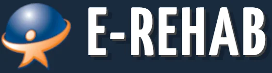 E-Rehab logo featuring a stylized figure and a blue sphere, representing physical therapy marketing services for clinics.